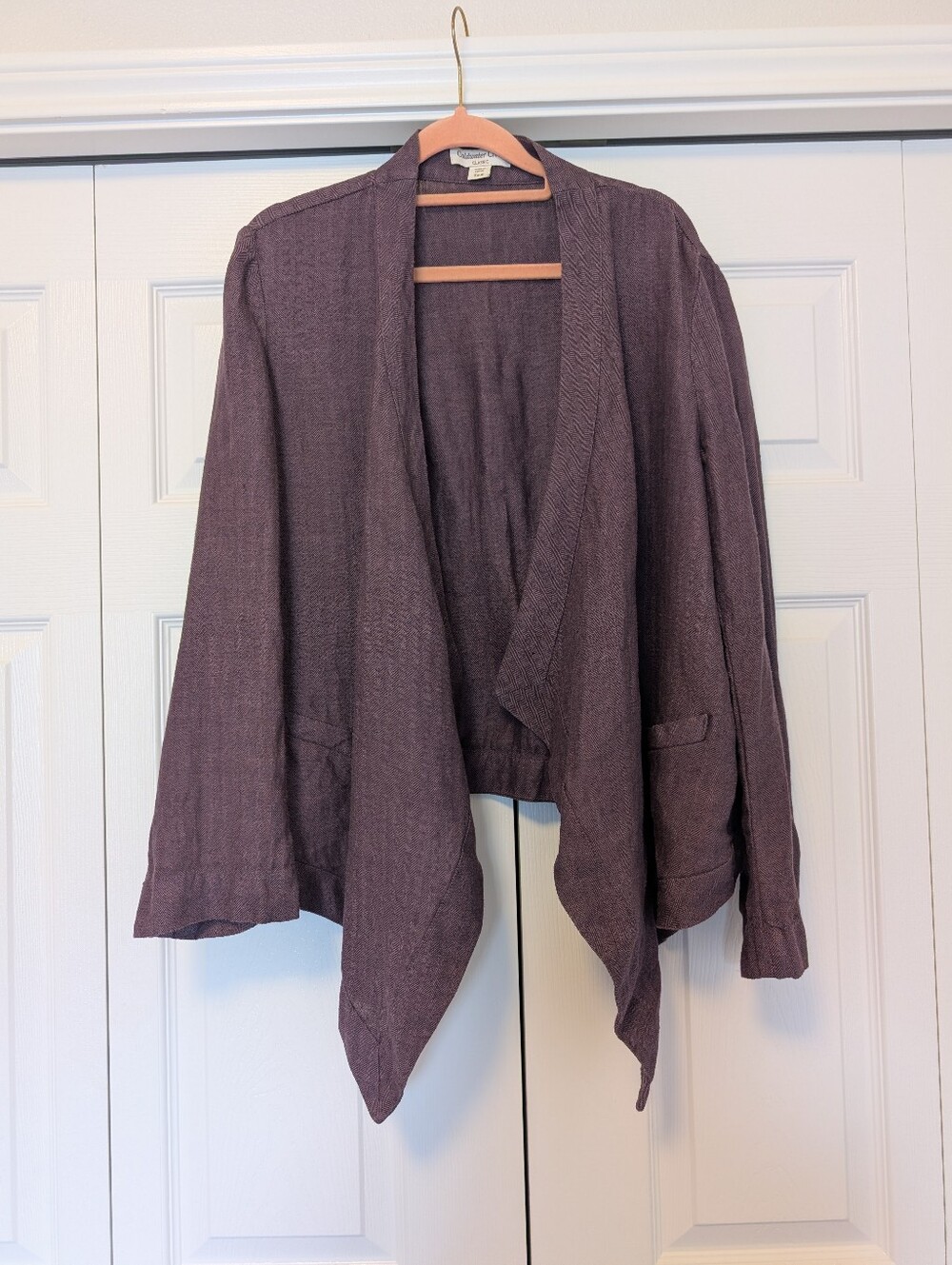 Coldwater Creek Classic 100% Linen Drape Front Blazer Purple Herringbone S